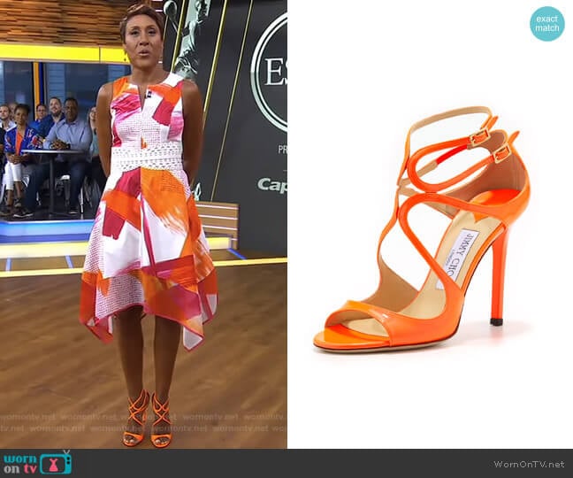 Jimmy Choo Lang Patent Strappy Sandal worn by Robin Roberts on Good Morning America