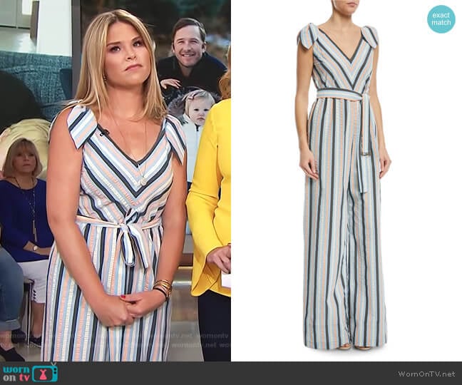 Lela Rose Striped V-Neck Bow-Tie Belted Wide-Leg Jumpsuit worn by Jenna Bush Hager on Today