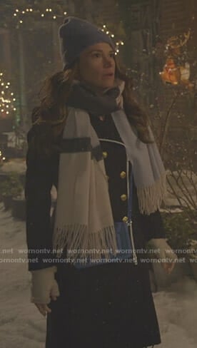Liza’s navy double breasted coat with shearling collar on Younger