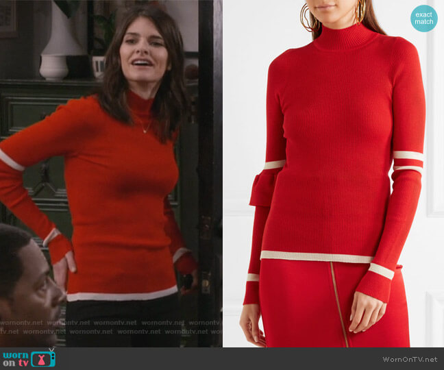 Maggie Marilyn Heart Whisper striped ribbed merino wool sweater worn by Leslie Curry (Lindsey Kraft) on Living Biblically