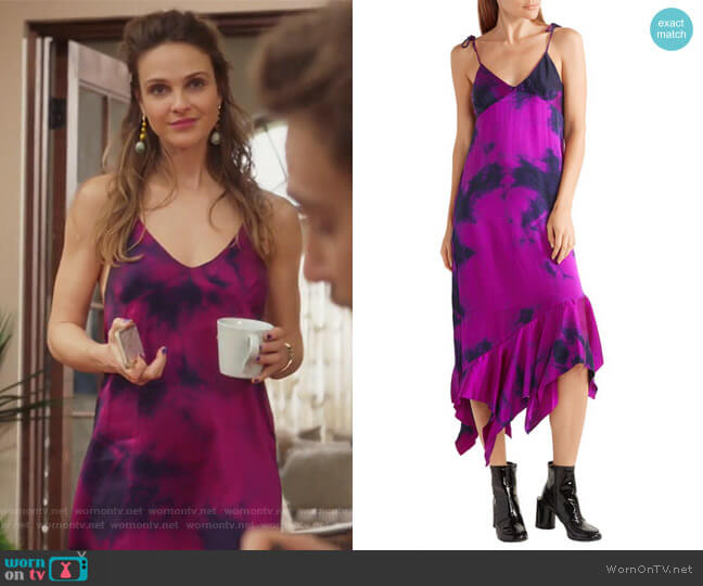 Marques' Almeida Tie-dyed asymmetric silk-satin dress worn by Phoebe Wells (Beau Garrett) on Girlfriends Guide to Divorce