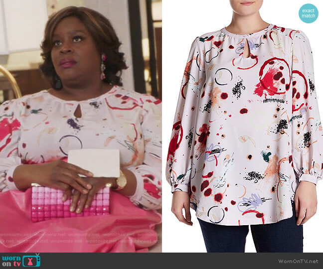 Melissa McCarthy Seven7 Keyhole Blouson Sleeve Printed Blouse worn by Barbara (Retta) on Girlfriends Guide to Divorce