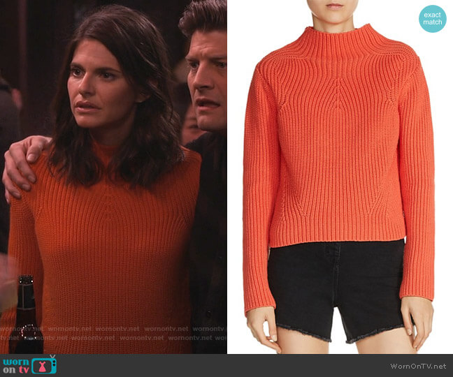 Maje Metal Mock Neck Sweater worn by Leslie Curry (Lindsey Kraft) on Living Biblically