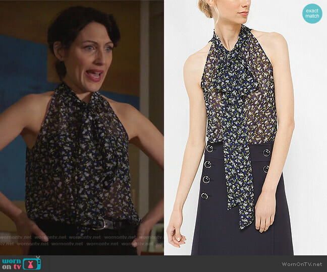 Michael Kors Floral Silk-Georgette Sleeveless Bow Blouse worn by Abby McCarthy (Lisa Edelstein) on Girlfriends Guide to Divorce
