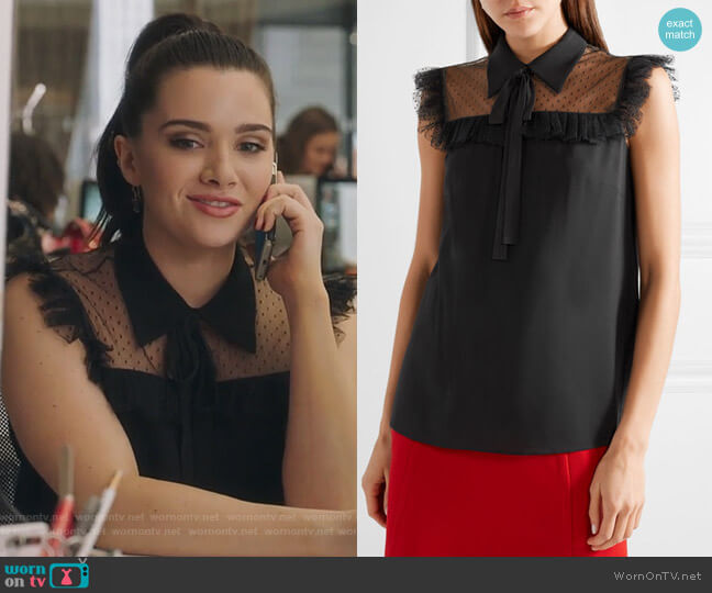 Miu Miu Pussy-bow point d'esprit tulle-paneled crepe de chine blouse worn by Jane Sloan (Katie Stevens) on The Bold Type
