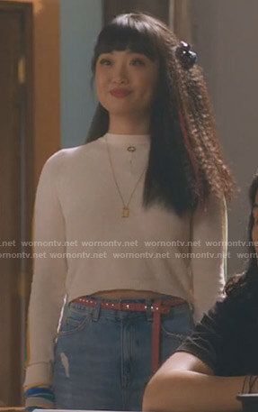 Monica’s rainbow striped sleeve top on Take Two