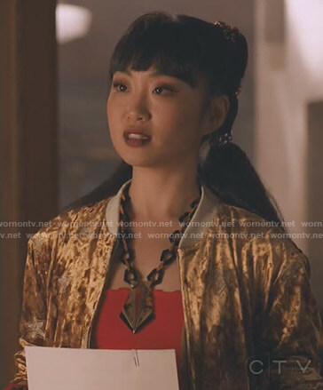 Monica’s star velvet bomber jacket on Take Two