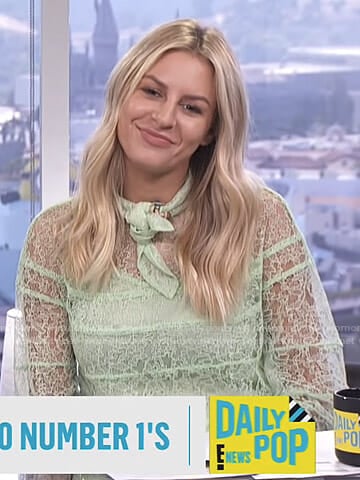 Morgan’s green tie neck lace top on E! News Daily Pop