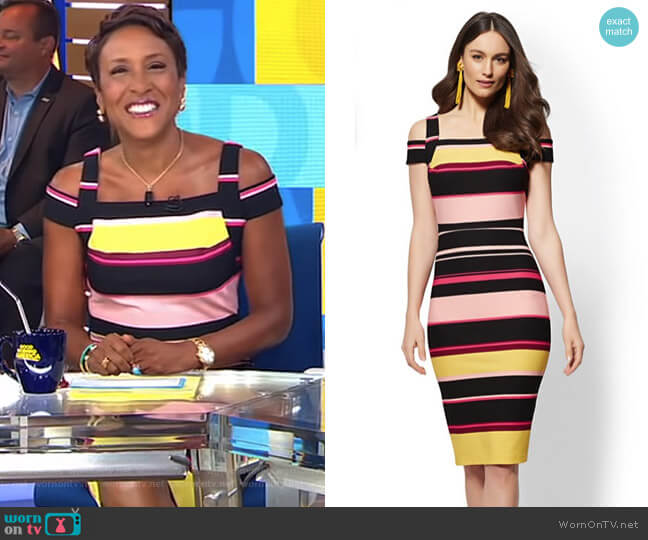 New York & Company Striped Cold-Shoulder Sheath Dress worn by Robin Roberts on Good Morning America