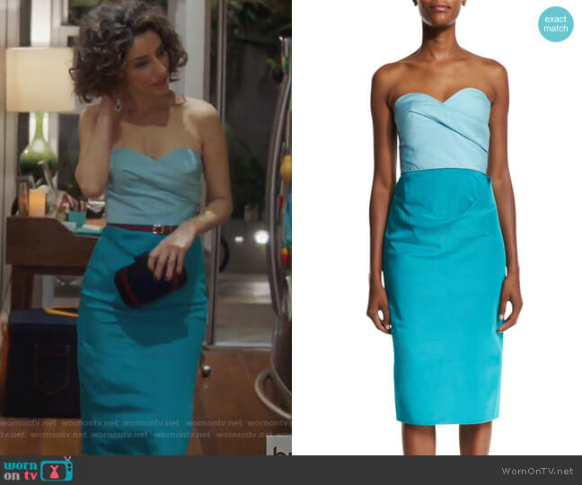 Oscar de la Renta Colorblock Strapless Sweetheart-Neck Midi Dress worn by Delia (Necar Zadegan) on Girlfriends Guide to Divorce