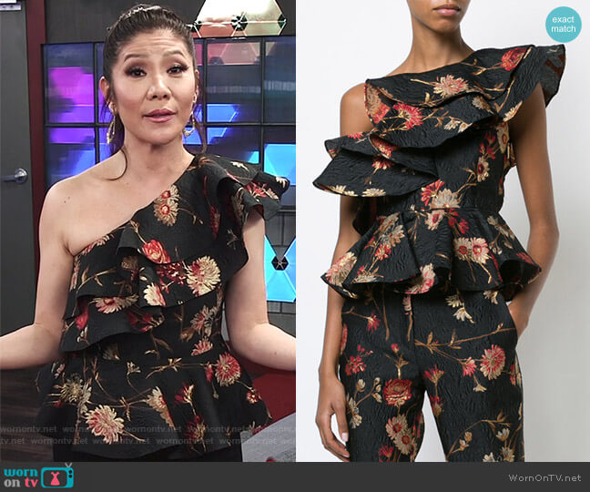 Prabal Gurung floral one shoulder ruffled top worn by Julie Chen on Big Brother