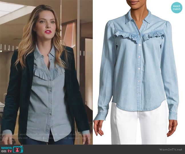 Paige Layda Snap-Front Chambray Shirt w/ Ruffled Trim worn by Sutton (Meghann Fahy) on The Bold Type