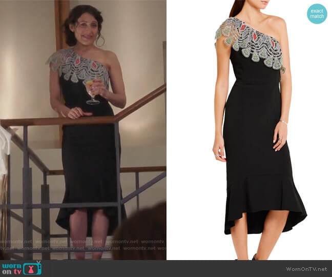 Peter Pilotto One-shoulder crocheted lace-paneled stretch-cady dress worn by Abby McCarthy (Lisa Edelstein) on Girlfriends Guide to Divorce