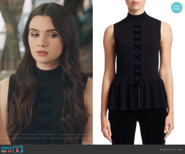 Scripted Sleeveless Lace-Up Peplum Sweater worn by Jane Sloan (Katie Stevens) on The Bold Type
