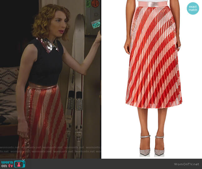 Off-White c/o Virgil Abloh Pleated Striped Lame Midi-Skirt worn by Lauren (Molly Bernard) on Younger
