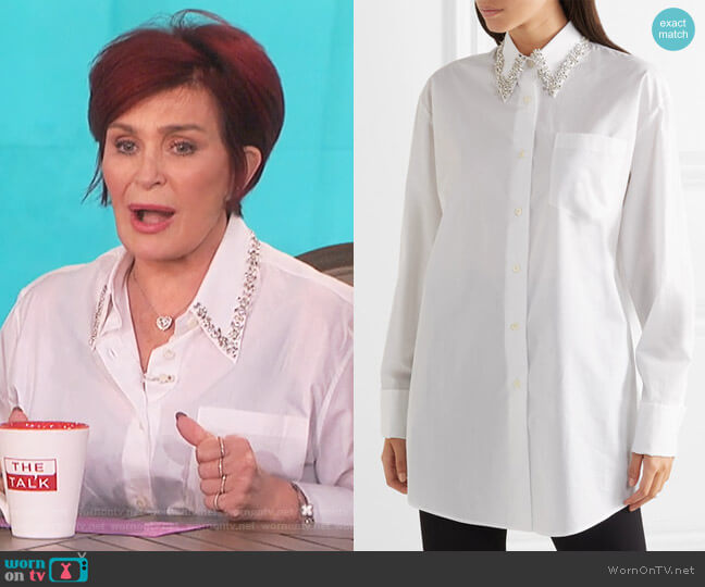 Prada Oversized crystal-embellished cotton-poplin shirt worn by Sharon Osbourne on The Talk
