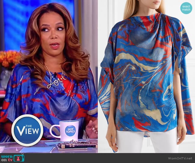 Rosie Assoulin Cape-effect marbled crepe de chine top worn by Sunny Hostin on The View
