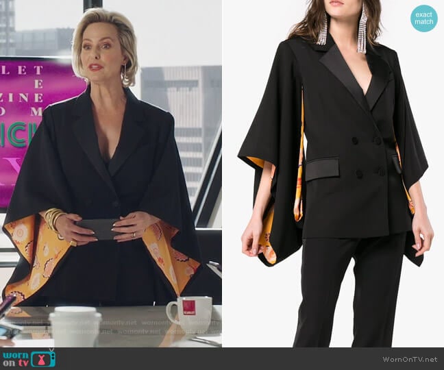 Racil Kyoto contrast lining virgin wool kimono jacket worn by Jacqueline (Melora Hardin) on The Bold Type
