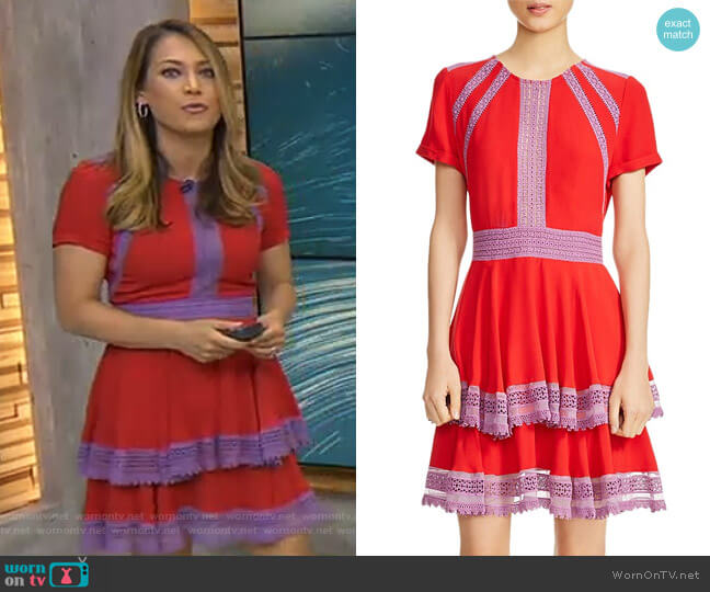 Maje Raglia Tiered Lace-Inset Dress worn by Ginger Zee on Good Morning America