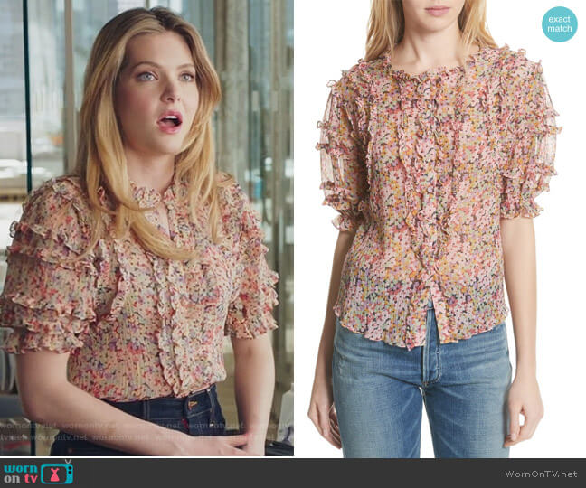 Rebecca Taylor Margo Ruffle Floral Top worn by Sutton (Meghann Fahy) on The Bold Type