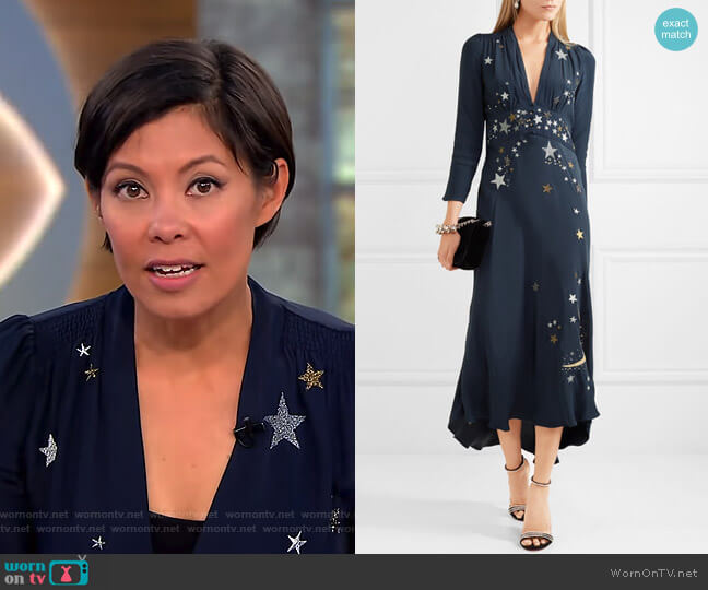 Rixo London Margo Embellished Embroidered Midi Dress worn by Alex Wagner on CBS Mornings