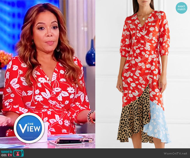 Rixo London Noleen paneled printed silk-crepe wrap dress worn by Sunny Hostin on The View