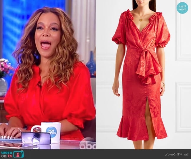 Saloni Olivia wrap-effect silk-satin jacquard midi dress worn by Sunny Hostin on The View