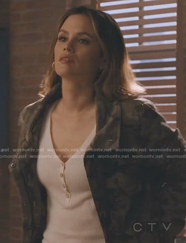 Sam’s white henley top and camo jacket on Take Two