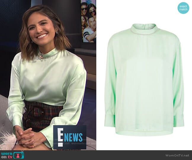 Sandro Embellished Satin Blouse worn by Erin Lim on E! News