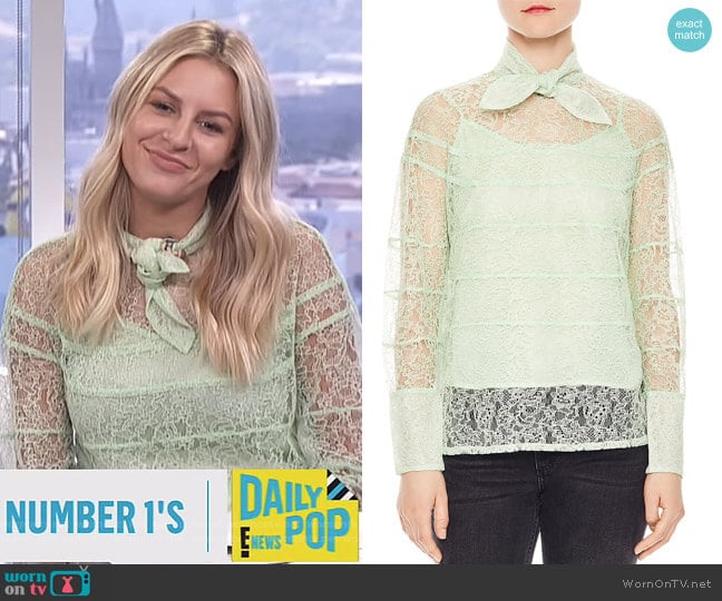 Sandro Izzie Sheer Lace Tie-Neck Top worn by Morgan Stewart on E! News