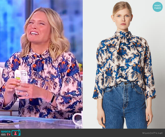 Sandro High-neck printed silk blouse worn by Sara Haines on The View