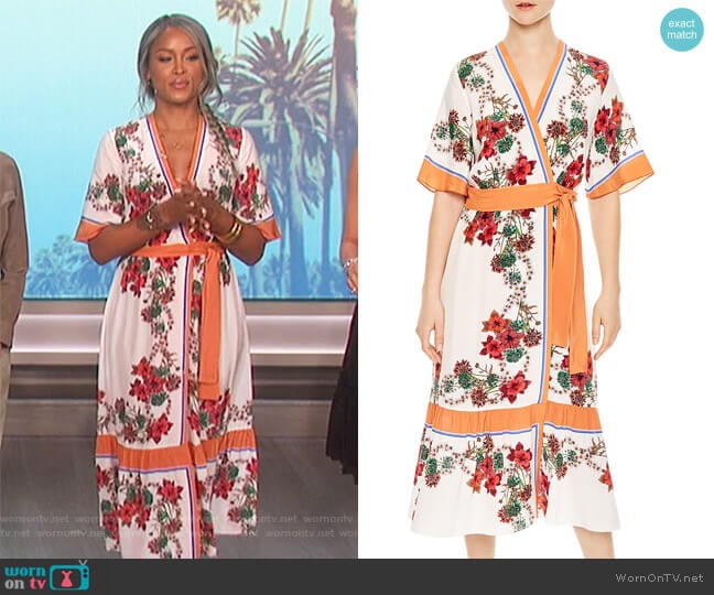 Sandro Printed Silk Midi Wrap Dress worn by Eve on The Talk