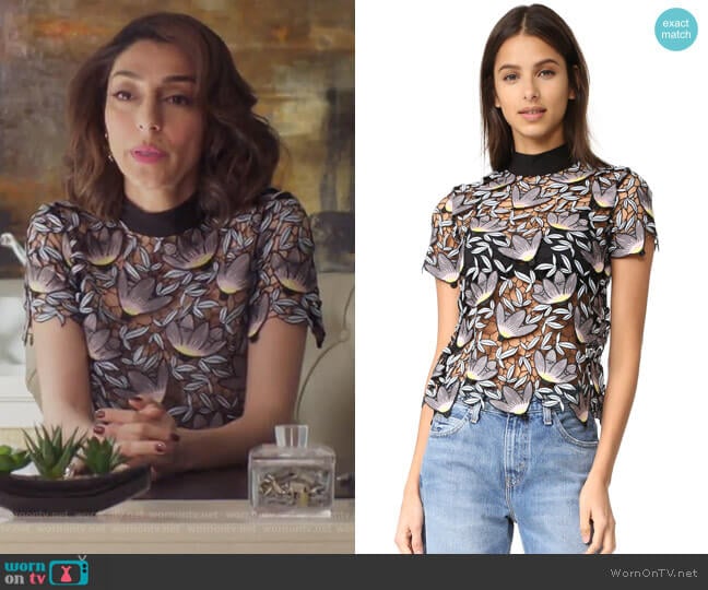 Self Portrait Peony Short Sleeve Top worn by Delia (Necar Zadegan) on Girlfriends Guide to Divorce