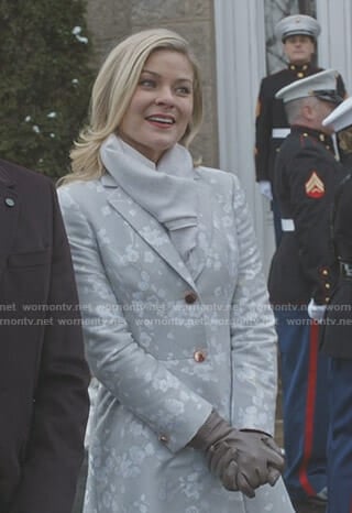 Stephanie’s grey jacquard coat on Good Witch