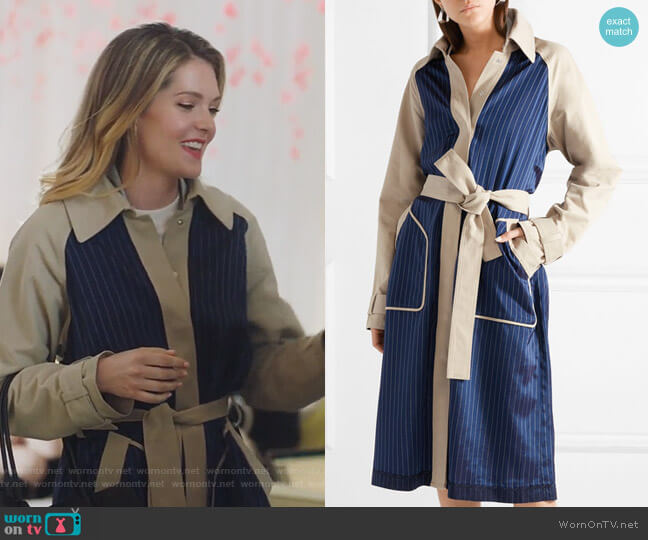 T by Alexander Wang Cotton-gabardine and striped satin-twill trench coat worn by Sutton (Meghann Fahy) on The Bold Type