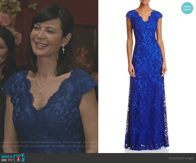 Tadashi Shoji Illusion Lace Gown in Blue worn by Cassandra Nightingale (Catherine Bell) on Good Witch