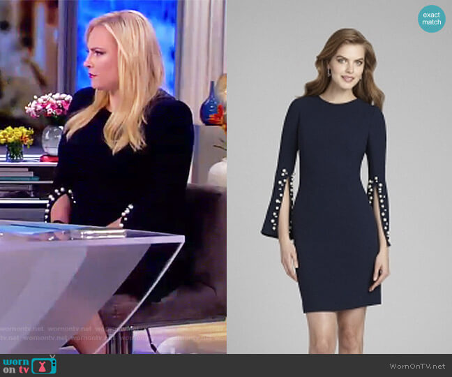 Teri Jon Split Sleeve Sheath Dress with Pearl Trim worn by Meghan McCain on The View