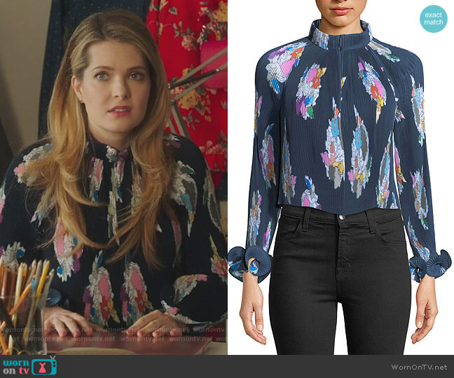 Tibi Graphic-Print Pleated Crop Top worn by Sutton (Meghann Fahy) on The Bold Type