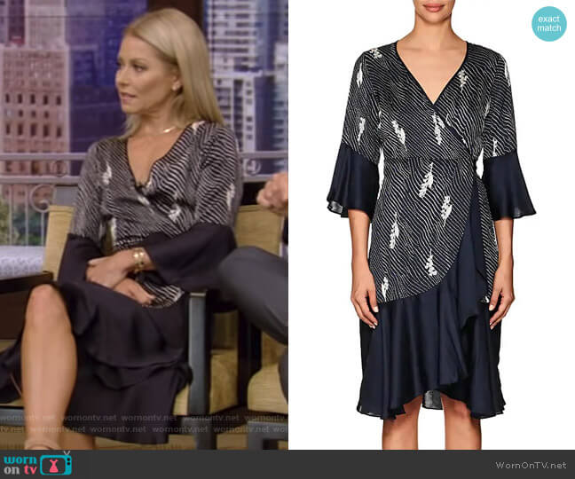 Timo Dot-&-Floral Crepe Wrap Dress worn by Kelly Ripa on Live with Kelly and Mark