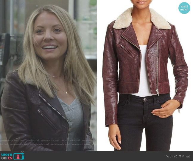 Veda Nova Shearling-Collar Leather Jacket worn by Jessie Caine (Kaitlin Doubleday) on Nashville