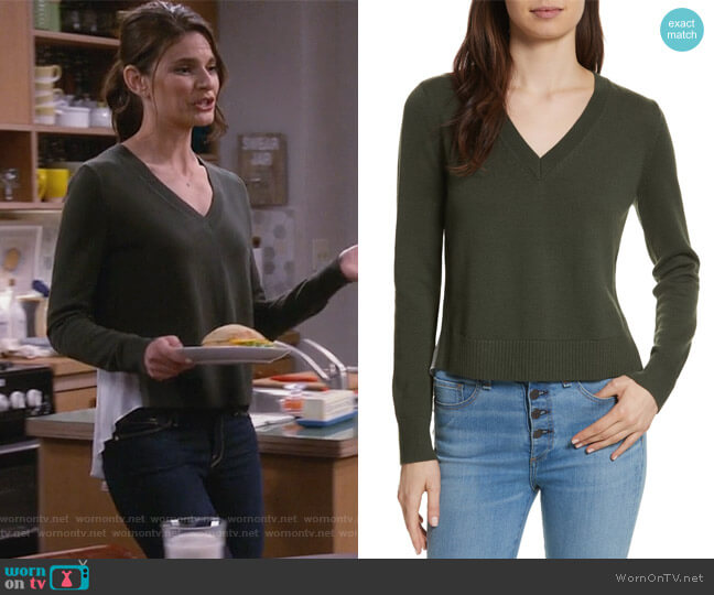 Veronica Beard Concord V Neck Mixed Media Sweater worn by Leslie Curry (Lindsey Kraft) on Living Biblically