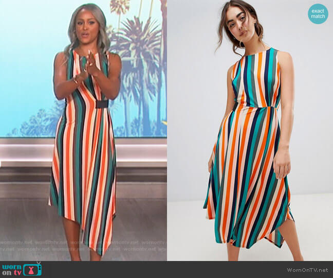 Warehouse Rainbow Stripe Slinky Elastic Waist Midi Dress worn by Eve on The Talk