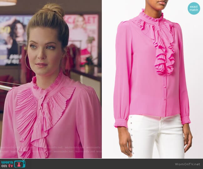 Zadig & Voltaire Tacco ruffle trim shirt worn by Sutton (Meghann Fahy) on The Bold Type