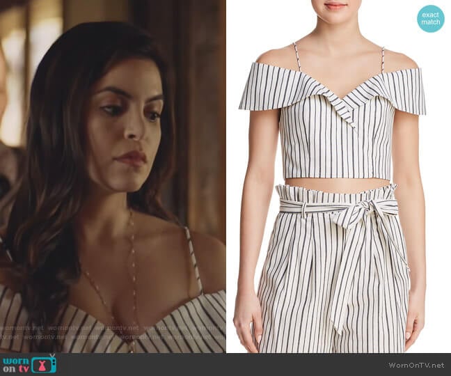 Alice + Olivia Haydee Cold-Shoulder Striped Cropped Top worn by Isabela Vargas (Idalia Valles) on Queen of the South