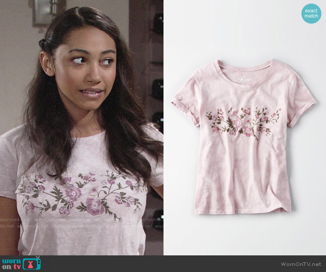 American Eagle Embroidered Roll Sleeve T-shirt worn by Shauna (Camryn Hamm) on The Young and the Restless