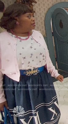 Anne’s butterfly print top and roman numerals skirt on Trial and Error