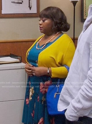 Anne’s teal flower print dress on Trial and Error