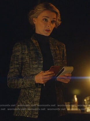 Lizzie’s black crosshatch jacket on Instinct
