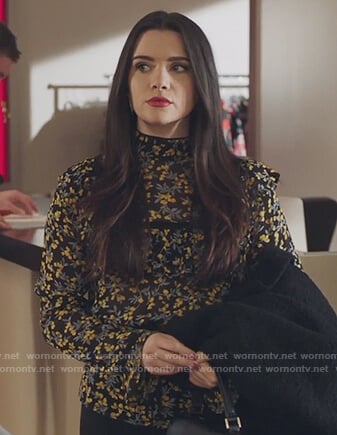 Jane’s black floral print turtleneck top on The Bold Type
