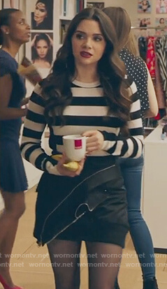 Jane’s striped sweater and black mini skirt on The Bold Type